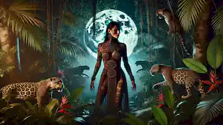 Ix Chel, transformada en la Diosa Jaguar, se yergue con fuerza en la jungla.