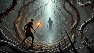 Kiprop y Kiptoo se enfrentan a una pared de vides espinosas en el bosque, cortando con cuidado a través de ella.