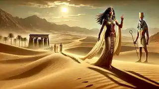 La decidida diosa Isis comienza su travesía por el desierto, avanzando frente a las dunas de arena y bajo un sol abrasador.