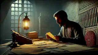 El visir, estudiando documentos a la luz de una linterna, contemplaba una posible conspiración en la oscuridad de la noche.