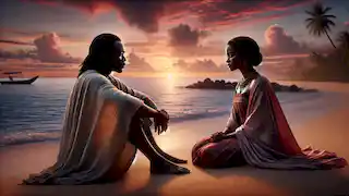 Liongo et Pate sont assis ensemble sur une plage au crépuscule, partageant une conversation tranquille et affectueuse alors que le soleil se couche.