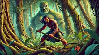 Maui corta con cuidado fuertes lianas en una densa jungla, mientras criaturas guardianas observan desde las sombras.
