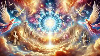 Visión del Empíreo, el cielo más alto lleno de gloria y luz divina, con figuras celestiales y una fuente de luz central.