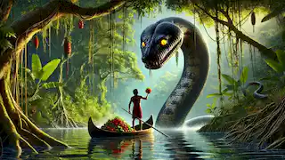 Un pescador en una canoa en el Río Negro, bajo una luna carmesí, rodeado de sombras inquietantes que parecen serpientes en el bosque.
