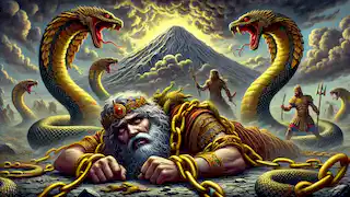 Feraydun enfrenta y aprisiona a Zahhak con cadenas doradas ante el monte Damavand, bajo un cielo tormentoso.
