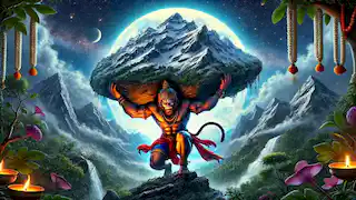 Hanuman levantando toda la montaña Dronagiri bajo un cielo iluminado por la luna, rodeado de una vegetación exuberante y detallada.