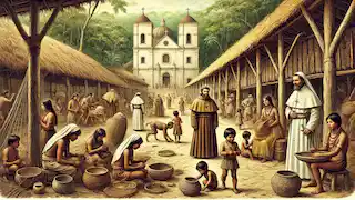 El pueblo guaraní tejiendo y trabajando en una pacífica misión jesuítica, con sacerdotes caminando cerca, todo esto en un hermoso fondo forestal.