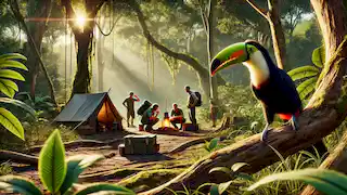 Tico, el tucán, se oculta tras una rama, observando con cautela un campamento humano instalado en la selva.