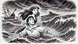Ariel rescatando al Príncipe Eric de las aguas tempestuosas, llevándolo a la orilla con una expresión de preocupación en su rostro.