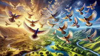 Aves iluminadas volando sobre tierras diversas, difundiendo armonía y sabiduría.