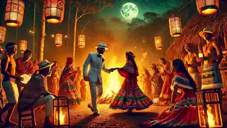 Festival amazónico por la noche, con los aldeanos danzando alrededor de una hoguera. Un hombre vestido con un traje blanco se acerca a una mujer que lleva un vestido rojo.