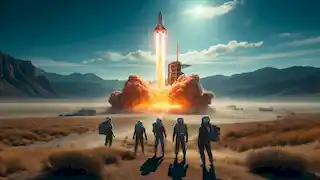 Una nave espacial hecha en casa despega en el desierto de Nevada mientras cuatro amigos la observan desde una distancia, vestidos con trajes espaciales.