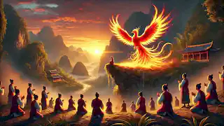 Zhuque se eleva de las cenizas al amanecer mientras los aldeanos lo observan con asombro, simbolizando su renacer y protección.