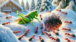 Pendant l'hiver, la sauterelle demande de la nourriture aux fourmis.