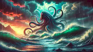Los enormes tentáculos del Kraken emergen de las turbulentas profundidades del Océano Atlántico Norte.