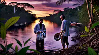 Un hombre a la orilla del río Amazonas al atardecer, se quita el sombrero para revelar su verdadera identidad como el Delfín Rosa.