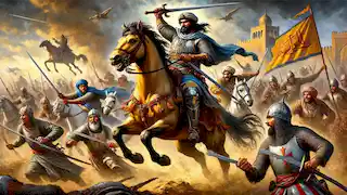 El Cid liderando la carga contra las fuerzas almorávides.