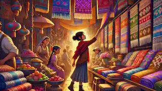 Maya explora un mercado tradicional, atraída por los coloridos manteles tejidos y los objetos artesanales.