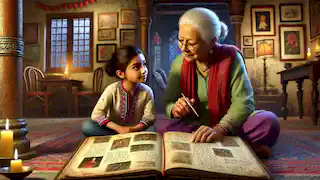 Maya y su abuela miran un viejo diario familiar lleno de recuerdos en una acogedora habitación iluminada por lámparas.