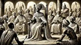 La reina Nzinga en sus últimos años, presidiendo la corte en Matamba, rodeada de ancianos, guerreros y consejeros.