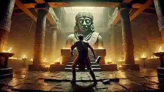 Cuauhtémoc, en un templo, levanta un martillo para destruir la estatua de Chacmool, mientras permanece en una inquietante quietud.