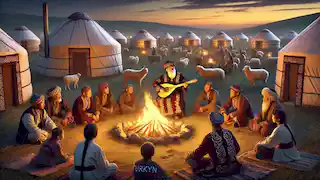Un bardo canta junto al fuego en una aldea kazaja, mientras los aldeanos, entre ellos Turkyn, escuchan bajo el cielo crepuscular.
