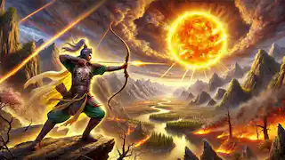 Hou Yi apunta su arco divino hacia el cielo, derribando uno de los soles ardientes, mientras un paisaje desolado se extiende abajo.