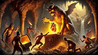 Los sátiros recuperan el resplandeciente Corazón de Helios de una caverna mientras distraen a una quimera rugiente con música y agilidad.