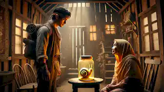 Raden Inu escucha la historia del caracol dorado contada por Mbok Sarni en su humilde hogar, con esperanza en sus ojos.
