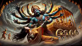 Ravana secuestrando a Sita, mostrando sus diez cabezas y múltiples brazos, mientras Sita se estira con temor.
