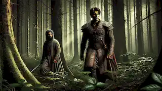 Rostam y el príncipe Shaghad caminan por un espeso bosque; Shaghad lanza una mirada astuta, insinuando traición.