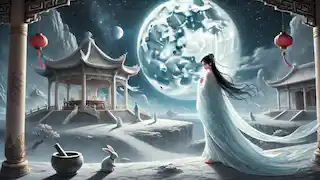 Chang'e déambule dans son palais céleste sur la Lune, ses robes scintillant sous l'éclat des étoiles, tandis que le Lapin de Jade s'affaire à son travail avec un mortier et un pilon.