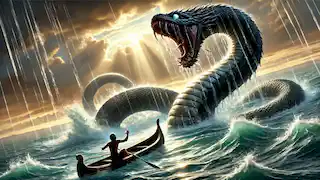 Die große Schlange erhebt sich aus dem See, während Awan, der kämpft, um über Wasser zu bleiben, ängstlich zu dem riesigen Wesen aufblickt.