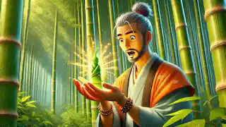 El anciano Taketori descubre un tallo de bambú brillante con la pequeña Kaguya-hime en su interior.