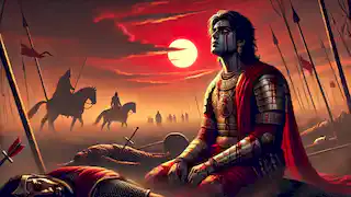 Karna yace en el campo de batalla, mortalmente herido, mientras Arjuna lo observa con pesar, al atardecer.
