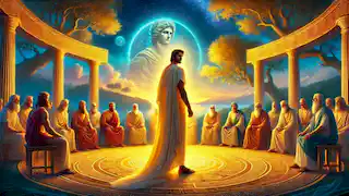 Alexios se encuentra ante el consejo de los Benditos, rodeado de héroes legendarios en un resplandeciente anfiteatro.