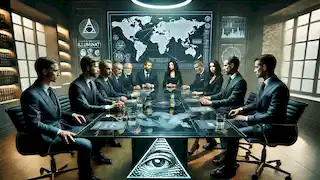 Um encontro secreto do século XX com pessoas vestindo trajes formais debatendo em torno de uma mesa de vidro.