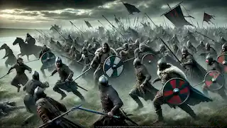 Guerreros de Ulster y Connacht en un campo de batalla tempestuoso, chocando con ferocidad con escudos y armas en la batalla final.