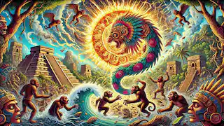 Quetzalcóatl como una serpiente emplumada en el cielo, con humanos transformándose en monos durante la era del Sol Viento.