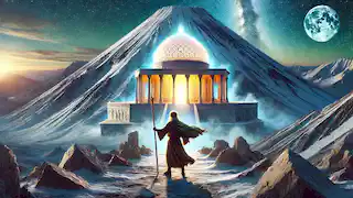 Daryush llega a la cumbre del monte Damavand, de pie ante el resplandeciente Templo de la Verdad de mármol, en un vasto cielo.