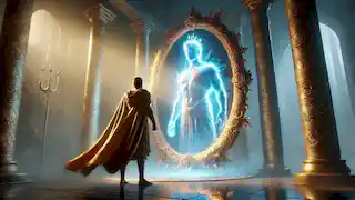 El rey Rostam se encuentra ante un espejo místico, observando cómo las cicatrices de su alma comienzan a sanar durante la Prueba de la Luz.