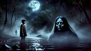El joven Diego se encuentra con La Llorona junto al río en la noche, con el vapor elevándose del agua.