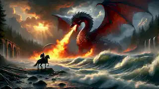 Er Tostik se enfrenta a un dragón ardiente junto a un río furioso, con su espada en alto y su corcel Kambar a su lado.