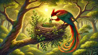 El Fénix construye cuidadosamente un nido con ramas de incienso, mirra y canela en el bosque sagrado.