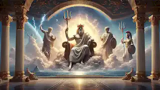 Zeus, Poseidon und Hades teilen sich ihre Reiche und sitzen majestätisch unter einem strahlenden Himmel, umgeben von symbolischen Machtgegenständen.