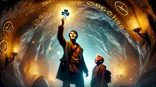 Fionn sostiene el brillante trébol plateado en una cueva mágica, mientras Seamus lo observa.