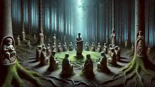 Un claro místico en el bosque, lleno de esculturas de Odel dispuestas en círculo bajo la luz de la luna, con una figura que se asemeja a Lukas en el centro.