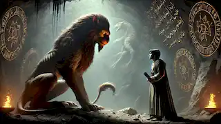 Arash e o Manticora conversam em um vale sombrio, adornado com runas brilhantes nas paredes.