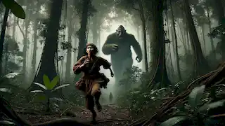 Timun Mas corre a través de un denso bosque, perseguida por el imponente Buto Ijo mientras agarra su bolsa mágica.