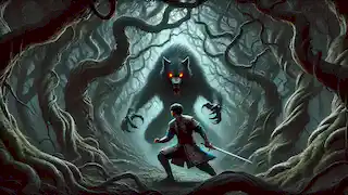 Er Tostik se enfrenta a un monstruoso lobo negro en el sombrío bosque de Kara Zhalmau, con la espada en mano y la determinación reflejada en su rostro.